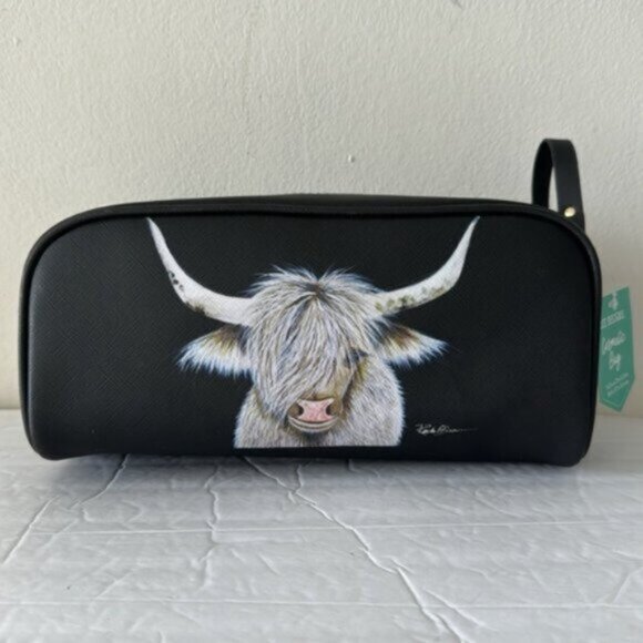 OCS Design Cow Large Cosmetic Bag Pouch Black Top Double zip closure & handle - Picture 2 of 16
